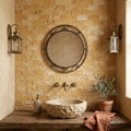 Golden Sienna 2x4 Subway Splitface Travertine Mosaic — Powder Room wall
