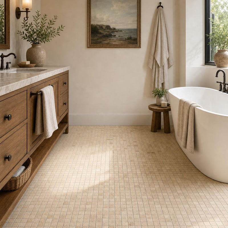 Yellow 5/8x5/8 12x12 Sheet Natural Travertine Mosaic — Bathroom floor