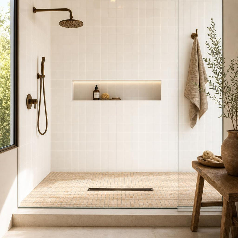 Yellow 5/8x5/8 12x12 Sheet Natural Travertine Mosaic — Bathroom shower floor