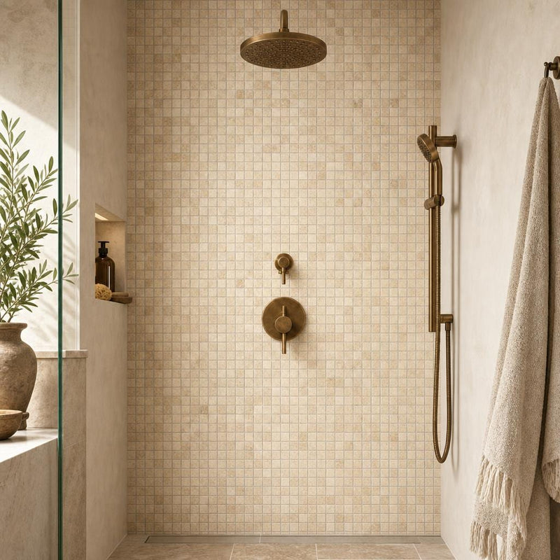 Yellow 5/8x5/8 12x12 Sheet Natural Travertine Mosaic — Bathroom shower wall