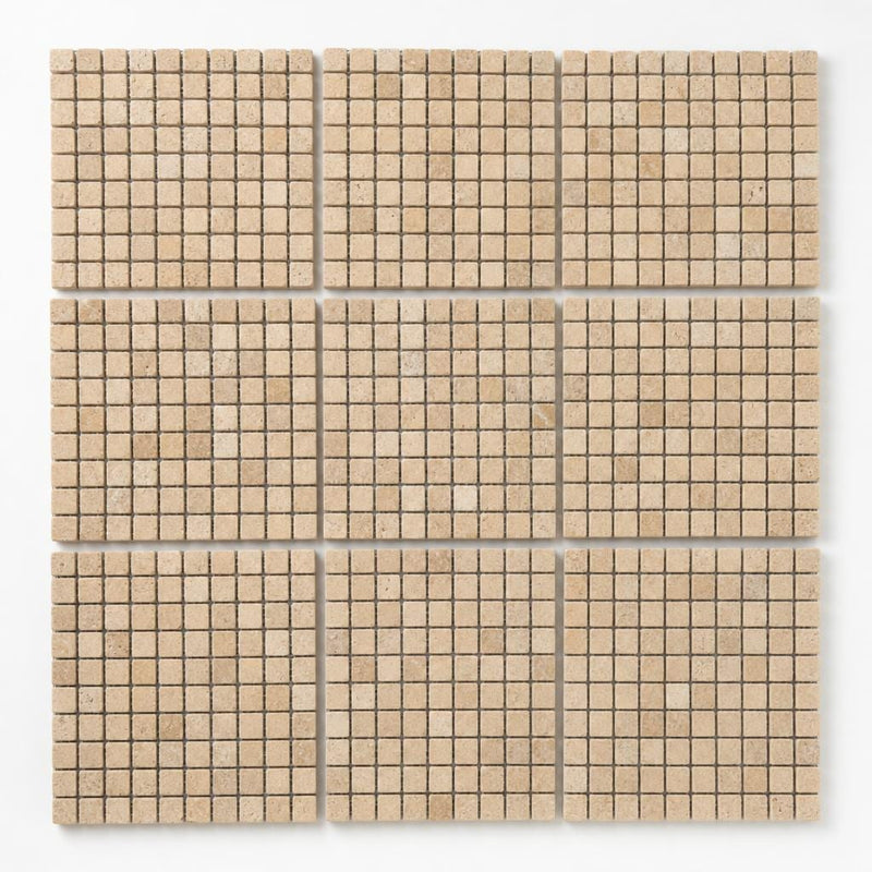 Yellow 5/8x5/8 12x12 Sheet Natural Travertine Mosaic close-up