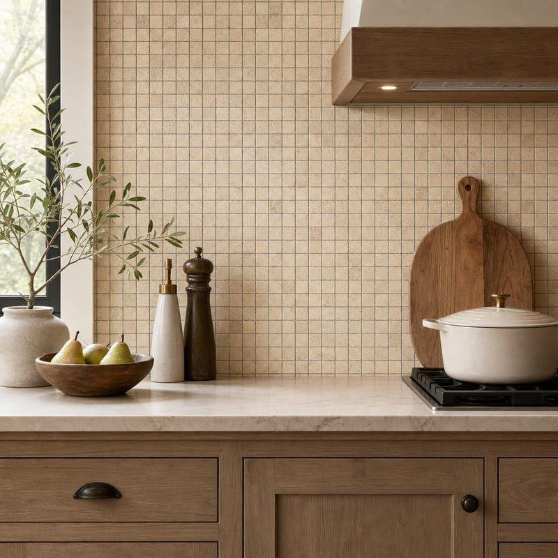 Yellow 5/8x5/8 12x12 Sheet Natural Travertine Mosaic — Kitchen backsplash