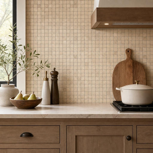 Yellow 5/8x5/8 12x12 Sheet Natural Travertine Mosaic — Kitchen backsplash