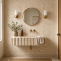 Yellow 5/8x5/8 12x12 Sheet Natural Travertine Mosaic — Powder Room wall