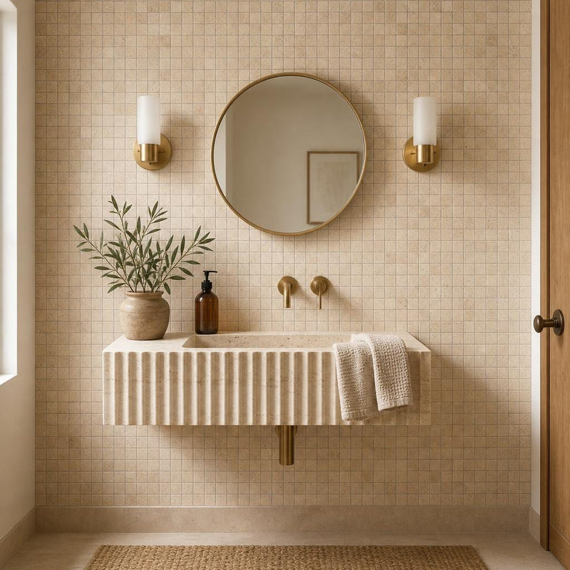 Yellow 5/8x5/8 12x12 Sheet Natural Travertine Mosaic — Powder Room wall