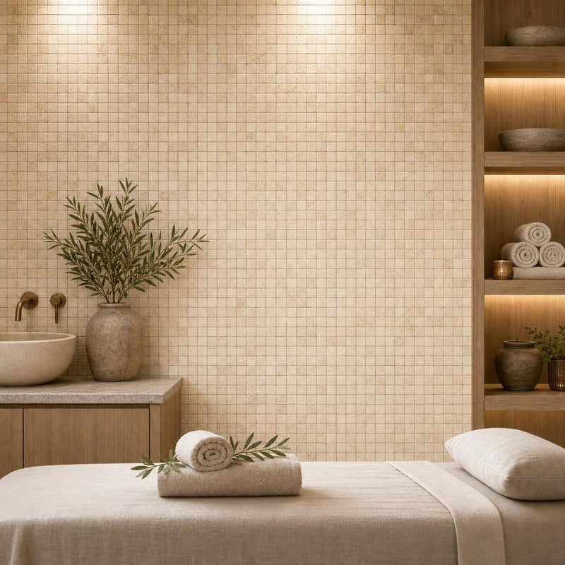 Yellow 5/8x5/8 12x12 Sheet Natural Travertine Mosaic — Spa spa interior