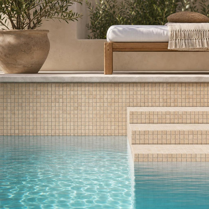 Yellow 5/8x5/8 12x12 Sheet Natural Travertine Mosaic — Swimming Pool pool interior tiling