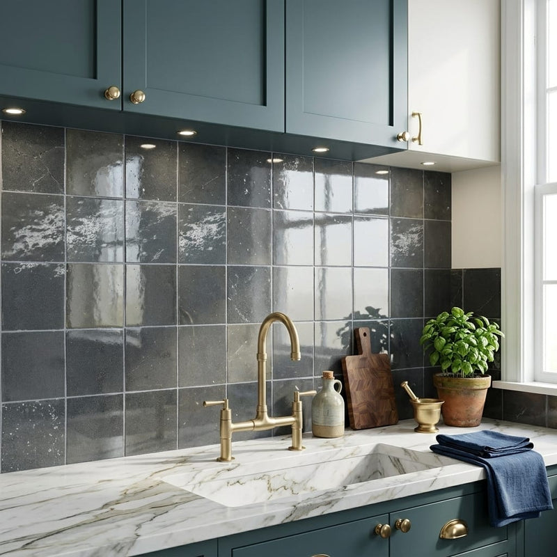 Zagora Charcoal 4x4 Gloss Marble Field Tile — Kitchen backsplash