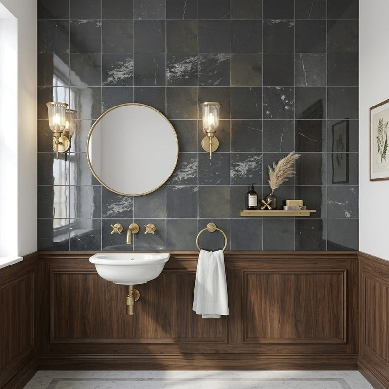 Zagora Charcoal 4x4 Gloss Marble Field Tile — Powder Room wall