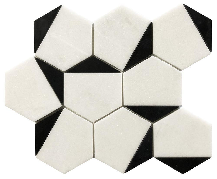 Arya Thassos White Magnolia Black Hexagon Polished Marble  Mosaic