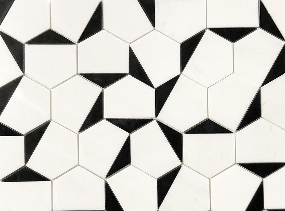 Arya Thassos White Magnolia Black Hexagon Polished Marble  Mosaic