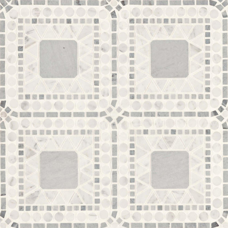 Atrium White Carrara Bardiglio Square, Pennyround, Triangle, Rectangle Honed Marble  Mosaic