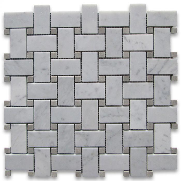 Carrara White 1x2 Basketweave W/ Gray Dots Polished Marble  Mosaic