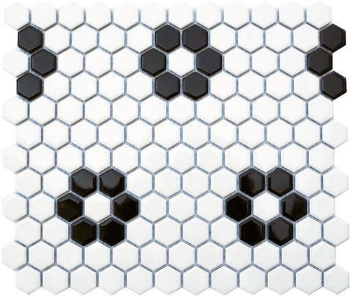 Cc Mosaics Black White Flower 1x1 Hexagon Matte Porcelain  Mosaic