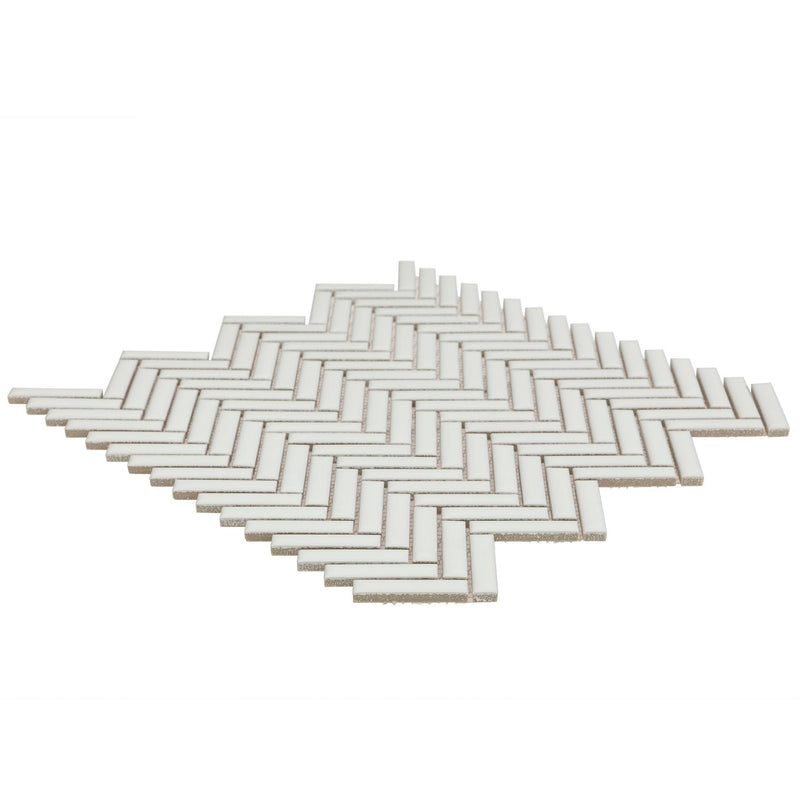 Cc Mosaics Plus White Herringbone Glossy Porcelain  Mosaic