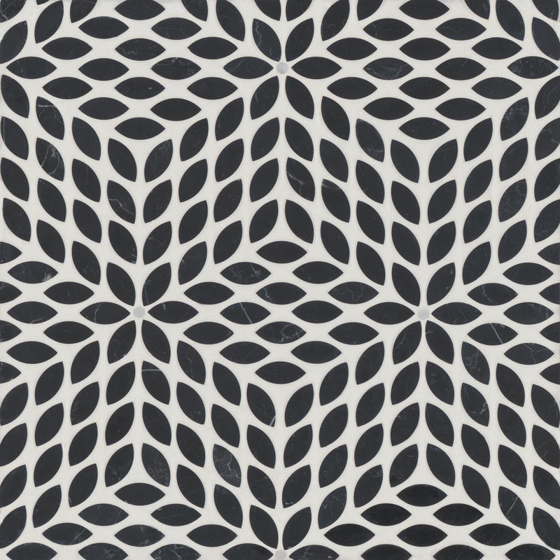 Celeste Nero Marquina Calacatta Losanna Leaf Honed Marble  Mosaic
