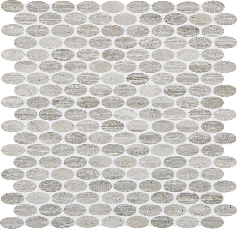 Chenille White 1-1/2x5/8 Oval Polished Limestone  Mosaic