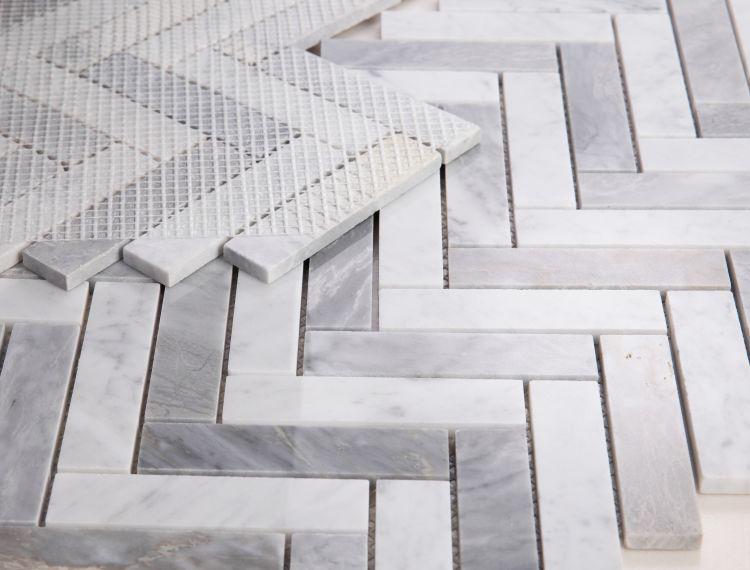 Chevron Herringbone City Grey Polished Marble  Mosaic