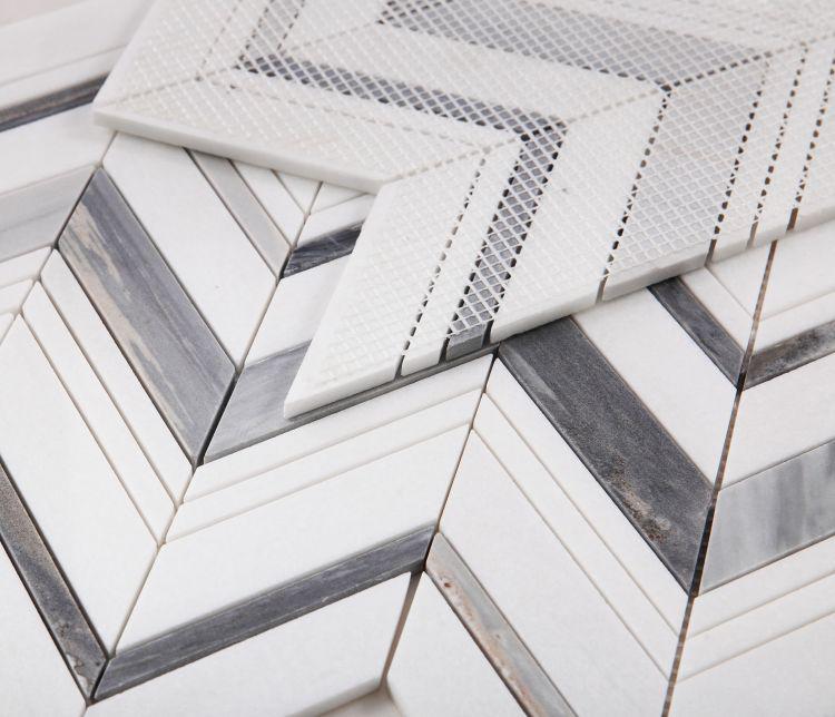 Chevron Herringbone Ravenna Blue Polished Marble  Mosaic