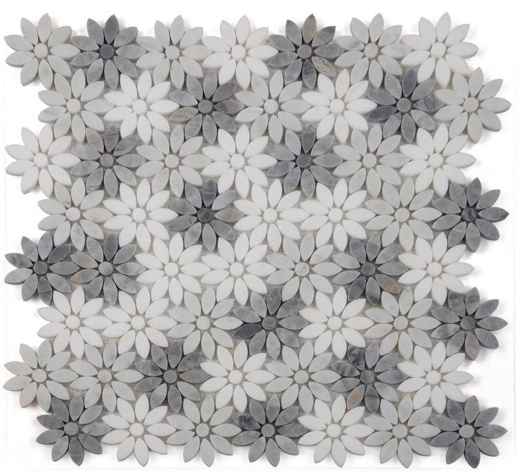 Daisy Wild Grey Flower Polished Marble  Mosaic