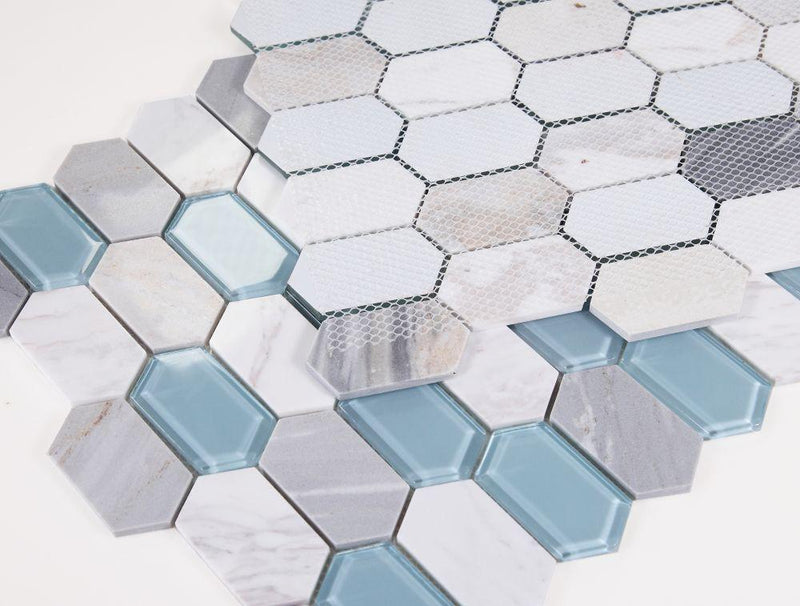 Elongated Hex Montage Sky Elongated Hexagon Polished Glass  Mosaic
