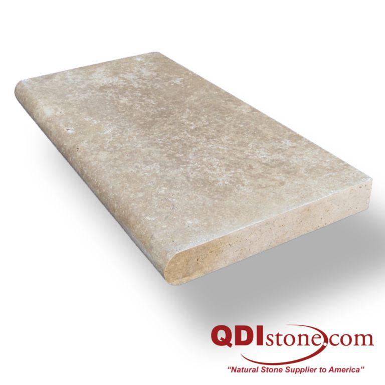 English Walnut Travertine Coping 12x24 Tumbled Bullnose  2 inch