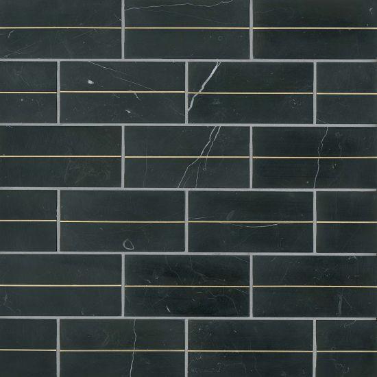 Ferrara Nero With Brass Deco Marble Tile 3x6 Honed   3/8 inch