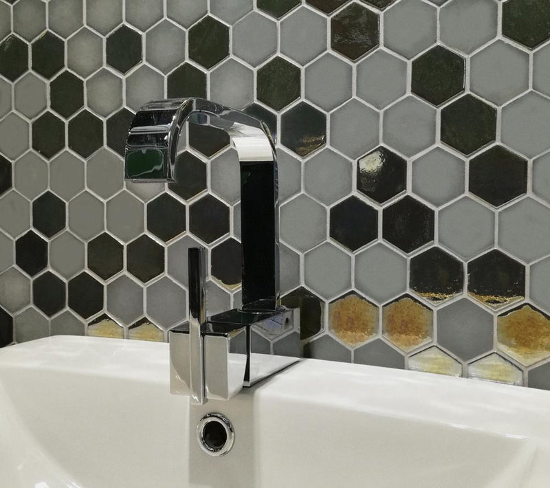 Glam Grey Hexagon Matte, Glossy Glass  Mosaic