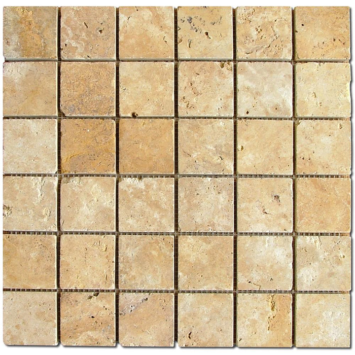 Gold Yellow 2x2 Square Tumbled Travertine  Mosaic