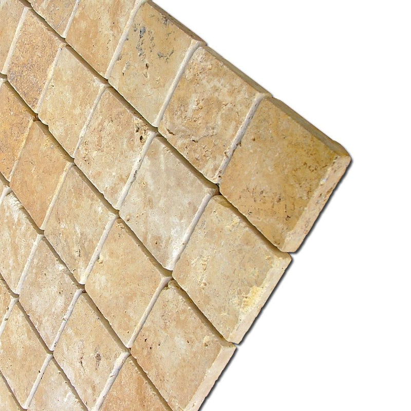Gold Yellow 2x2 Square Tumbled Travertine  Mosaic