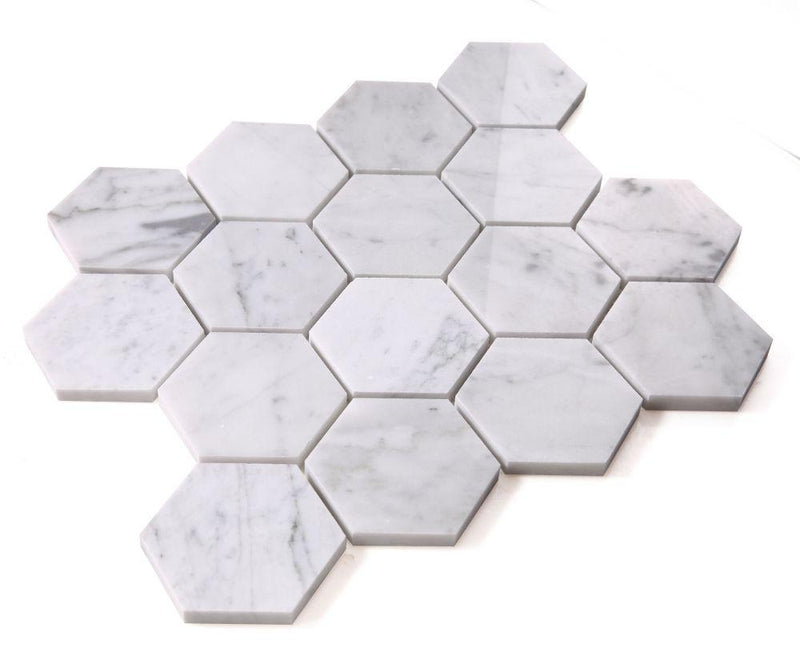 Hexagon Carrara 3x3  Polished Marble  Mosaic
