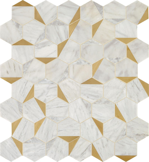 Lavaliere Alluring White With Brass Hexagon Honed Mixed  Mosaic