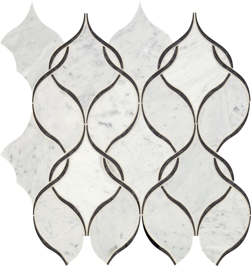Lavaliere Carrara White With Black Antique Mirror Intertwining Arabesque Polished Mixed  Mosaic