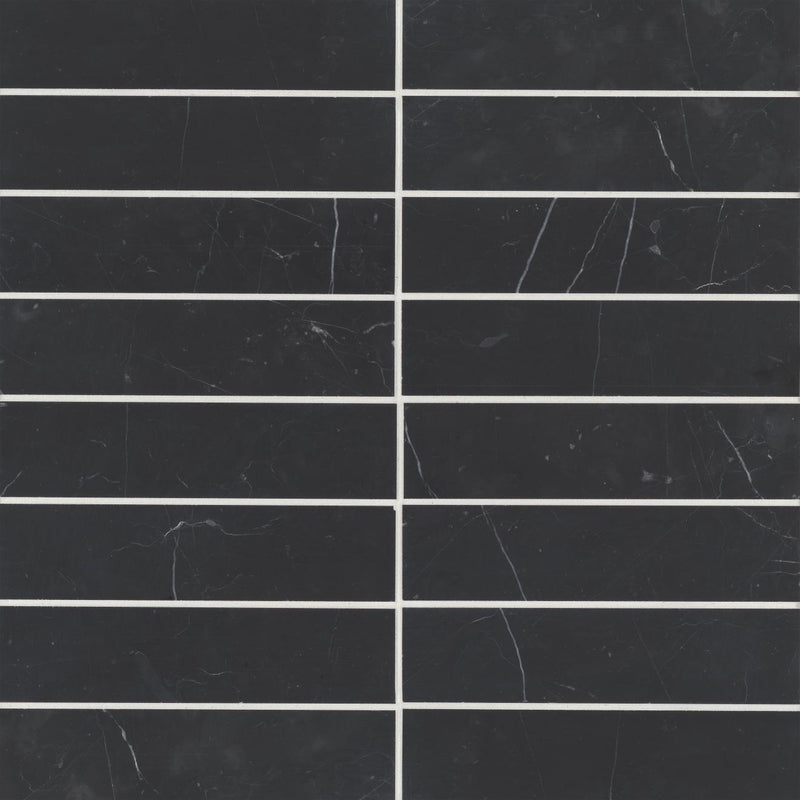 Monet Nero Marquina Marble Tile 2x8 Honed   3/8 inch