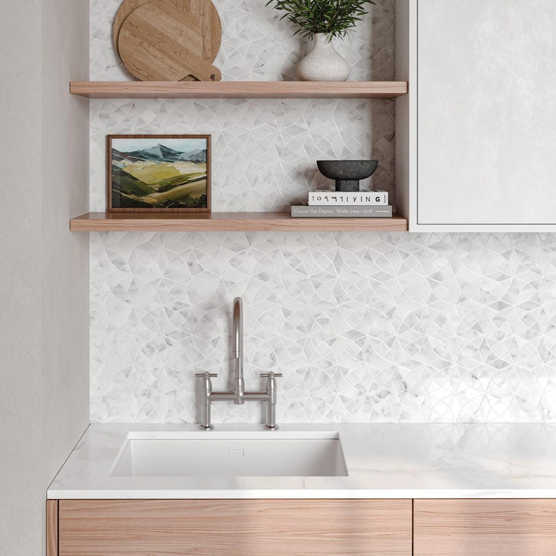 Monet Oriental White Triangle Honed Marble  Mosaic