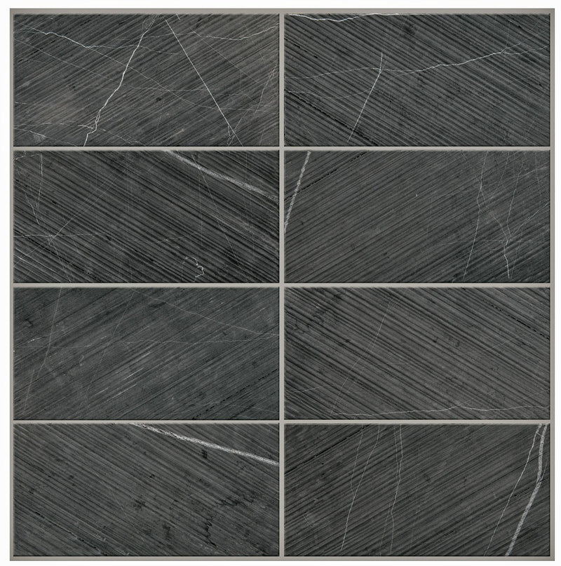 Pietra Divina Nero Marquina 6x12 Bamboo Honed Marble  Mosaic