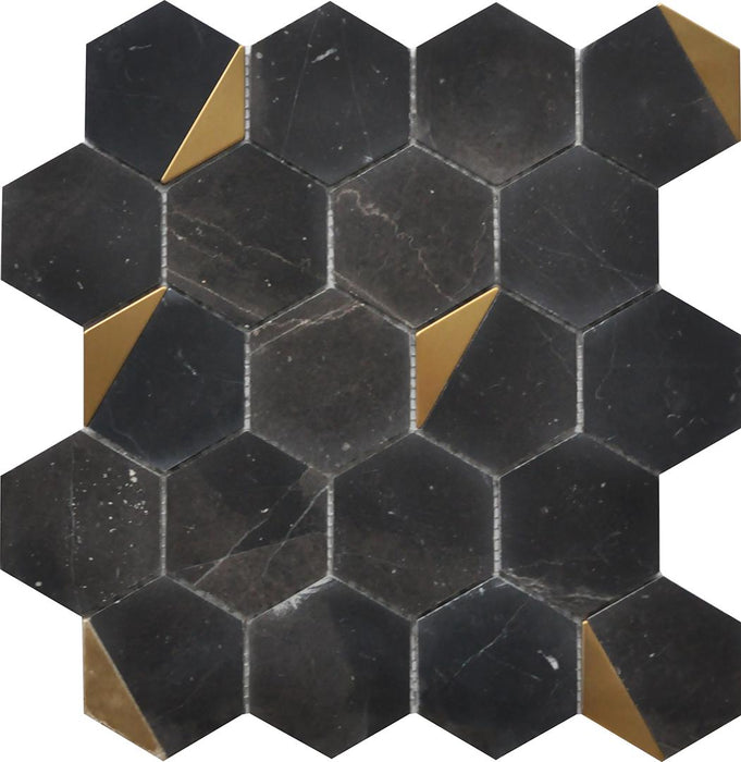 Rockart Nero Marquina Hexagon Polished Mixed  Mosaic