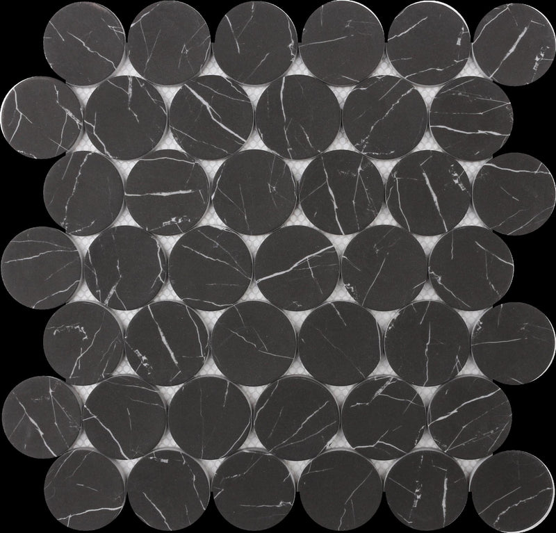 Rockart Nero Marquina Pennyround Matte Recycled Glass  Mosaic