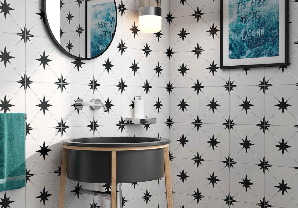 Starburst Llevant Black Star White Back Matte 8.7x8.7 Porcelain  Tile