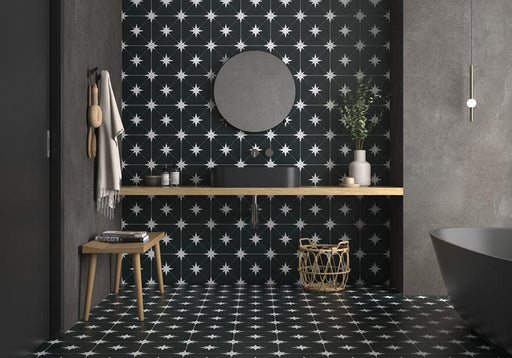 Starburst Ponent Black White Star Back Matte 8.7x8.7 Porcelain  Tile