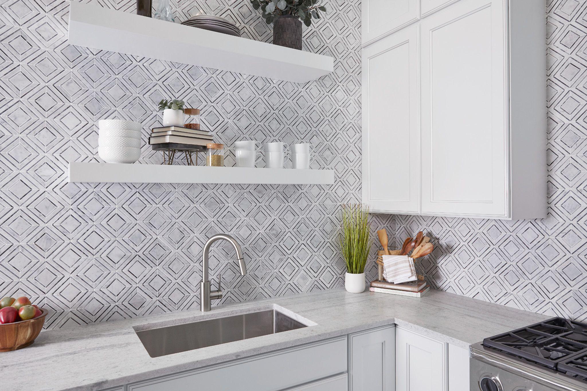 Stone Mesh Patterns Marble Mosaic in Bianco Harlow — Solidshape