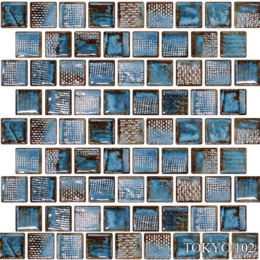 Tokyo Aspen Blue 1-1/8x1-1/8 Square Smooth, Glossy, Textured Porcelain  Mosaic