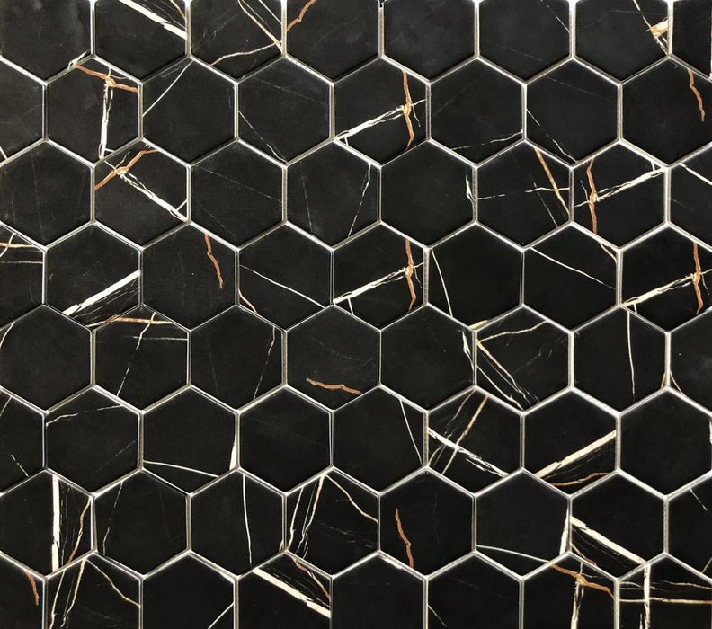 Verona Nero Marquina 3x3 Hexagon Matte Glass  Mosaic