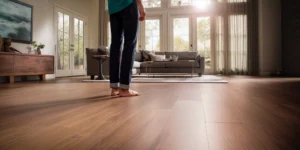 Elegant hallway with geometric wood-look tile flooring in a luxurious modern home interior