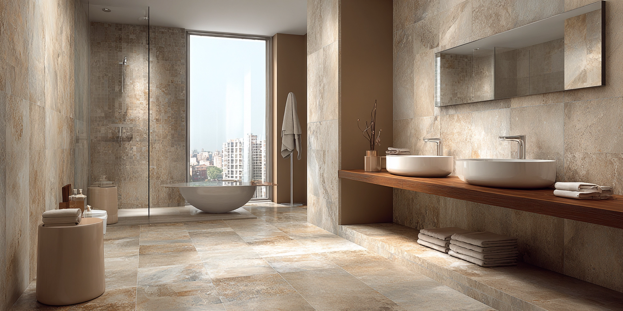 Luxurious marble-porcelain bathroom with high-gloss porcelain tile flooring, glass shower enclosure, built-in vanity with wood shelving, and elegant spa-inspired decor