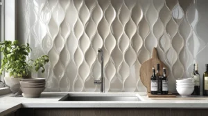 Luxury kitchen with dramatic marble backsplash and countertops, featuring black cabinets, gold hardware, and a statement black range hood