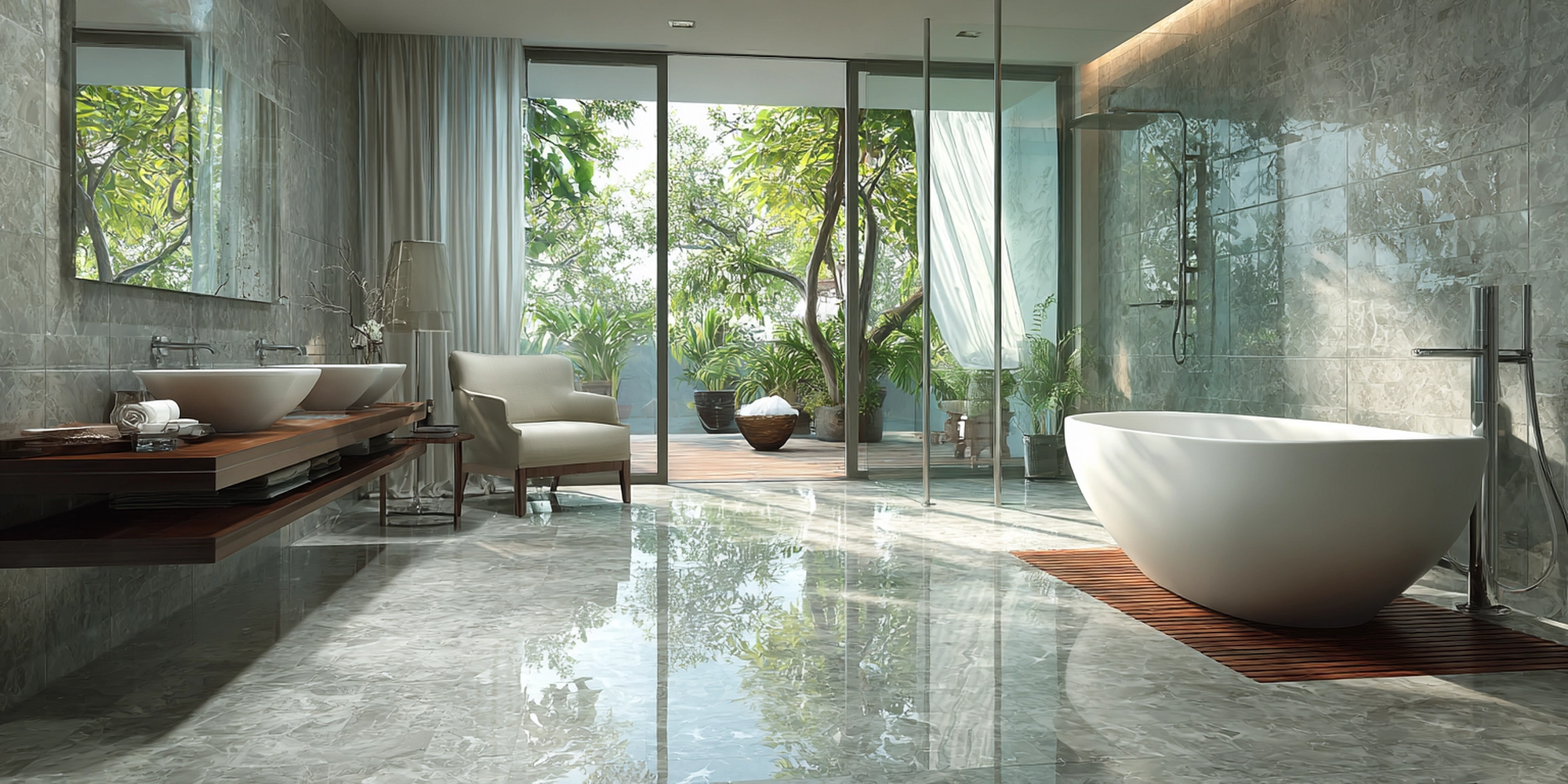 Modern bathroom with polished porcelain tile walls and countertops, featuring dual vessel sinks and warm wood cabinetry for a sleek, contemporary look
