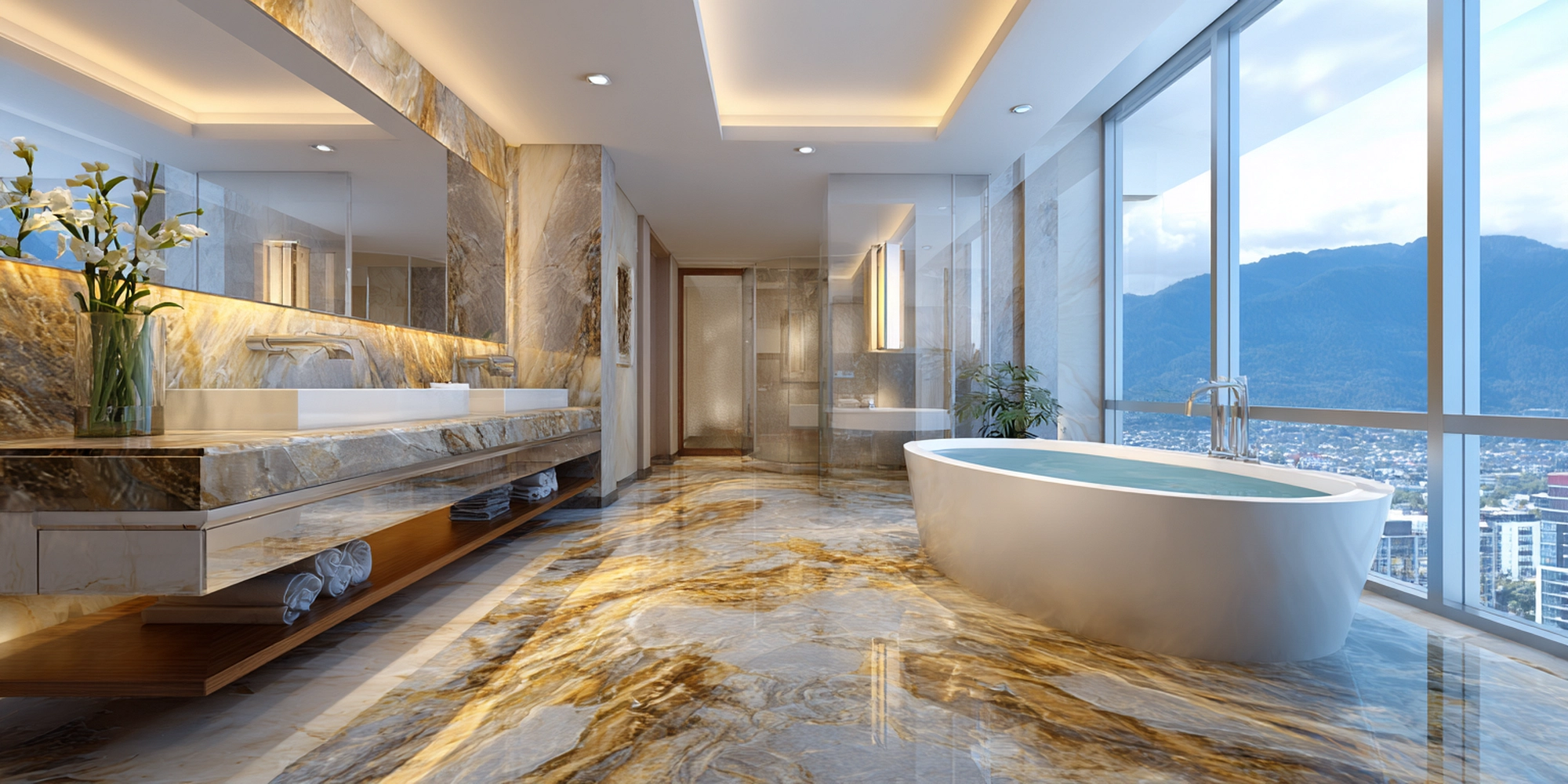 Luxurious bathroom with high-gloss brown marble tiles, freestanding black tub, and modern spa-inspired design emphasizing tile slip resistance and elegant finishes