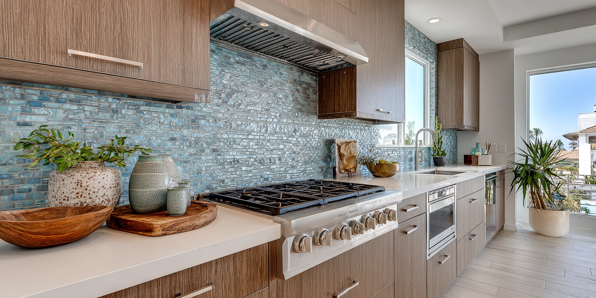 Beautiful blue tile backsplash in a modern kitchen.