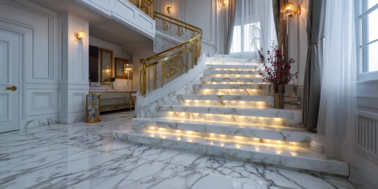 Veined marble floor in an elegant home with bright white lights.